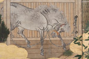(detail) Spring in the Palace, Six-Fold Screen from The Tale of Genji, c.1650 by Japanese School